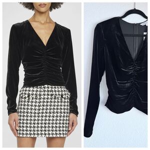 NWT Veronica Beard Pelona Ruched Velvet Long Sleeve V-Neck Top in Black Size 2